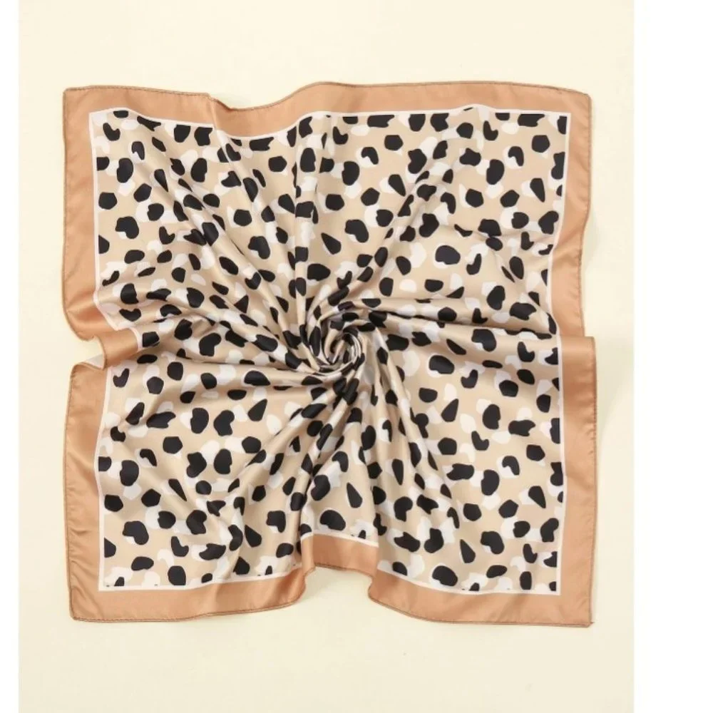 Polka Dot Satin Bandana Scarf Beige Black Silk Feel Neck Hair Scarf Square Wrap
